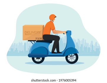 delivery man riding scooter motorcycle Concept of delivery service. vector illustration
