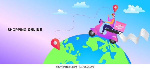 The delivery man is riding a scooter on the globe. Shopping on social networks flat design style. Online shopping vector illustration.