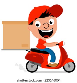 Delivery man riding a scooter. Vector illustration