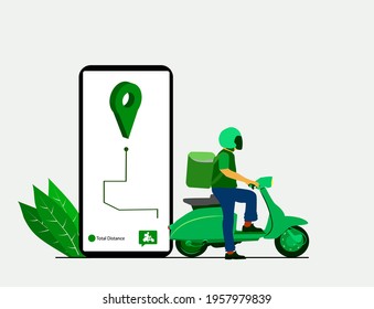 Delivery man riding scooter vehicle for delivery parcel, food and document. Online delivery service concept, online order tracking delivery to home or office. vector illustration. 