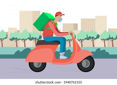 Delivery man riding a scooter.Courier on scooter delivering food.Vector illustration.