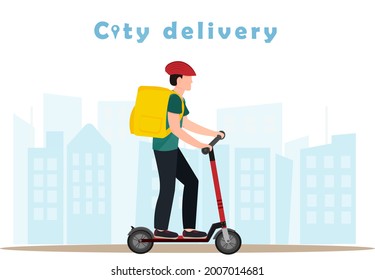 Delivery man riding a scoter, city delivery service concept, food delivery concept
