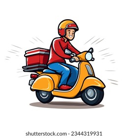 Delivery man riding yellow scooter, deliver the package to the customer. Cartoon illustration. Vector illustration isolated on white background.