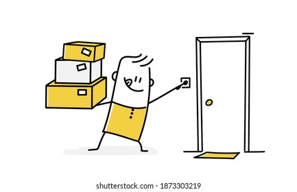 Delivery Man Ring The Doorbell. Vector Illustration.