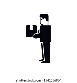 delivery man rolling cardboard box cargo on white background