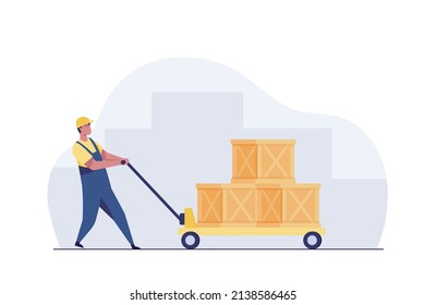 delivery man rolling cardboard box cargo trolley pushcart.