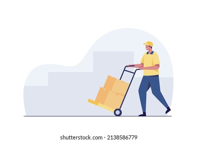 delivery man rolling cardboard box cargo trolley pushcart.