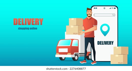 delivery man run with parcel post box  for shopping online,fast shipping online concept