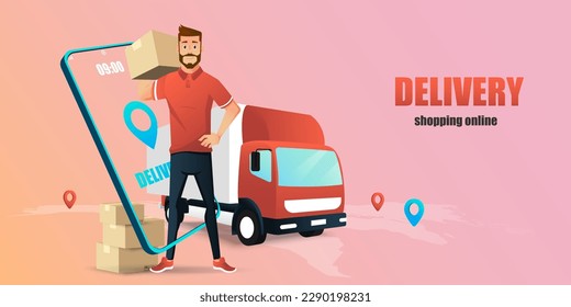delivery man run with parcel post box for shopping online,fast shipping online concept