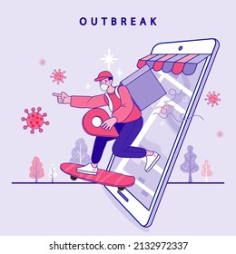 Delivery man run from smart phone. Shopping online and fast shipping while self quarantine in social distancing Coronavirus COVID-19 outbreak concept. Stay home. Save lives. Vector outline.