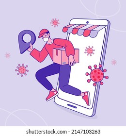 Delivery man run from smart phone. Shopping online and fast shipping while self quarantine in social distancing Coronavirus COVID-19 outbreak concept. Stay home. Save lives. Vector outline 