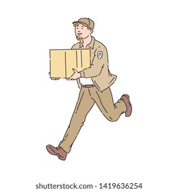 Delivery man or running courier with cardboard package vector cartoon illustration isolated on white background. Hurrying man with a box in hand express shipping icon.