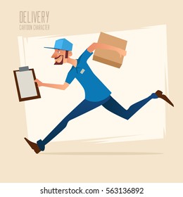 Delivery Man Running Fast, Carrying Big Box, Delivery Service, Cartoon Character, Vector Illustration