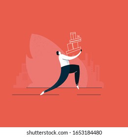 Delivery Man Running Fast with delivering package, man running with gift boxes
