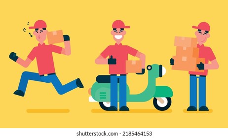 Delivery man running fast to give an order, with Ok sign standing next to his bike and carry cardboard box, Delivery with red cap, Flat avatar vector illustration.