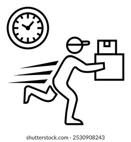 Delivery Man Running Fast with ticking clock. Jumper, marketing. Express online order tracking, delivery home and office. Icon vector design symbol illustration.