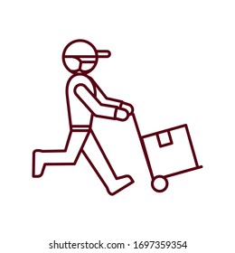 delivery man running with handcart with a box icon over white background, line style, vector illustration