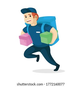 Un repartidor corriendo con las maletas y la bolsa. ilustración vectorial