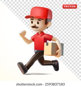 Delivery man running while carrying parcel box, 3d vector. Suitable for business and design elements
