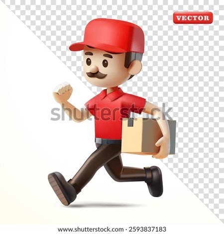 Delivery man running while carrying parcel box, 3d vector. Suitable for business and design elements