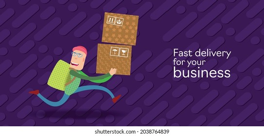 The delivery man runs with a backpack and boxes with orders in his hands. Vector banner