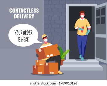 Delivery Man Saying Your Order Is Here With Parcel Boxes To Contactless Customer At Door During Coronavirus Pandemic.