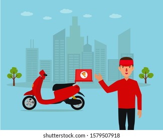 Delivery Man and Scooter Flat Vector. Food Delivery Concept Illustration. 