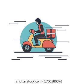Delivery man with scooter and package illustration. man ride a motorcycle.Delivery illustration. Cartoon vector. Scooter and Package.