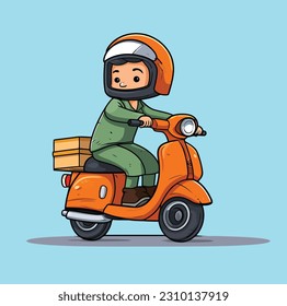 Delivery Man with Scooter Vector Hand Drawn Illustration