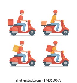 Delivery man with scooter vector set illustration