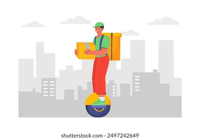 Delivery man at scooter. Young guy with box in hands delivers fast food. Online shopping and electronic commerce. Transportation and shipping. Flat vector illustration isolated on white background