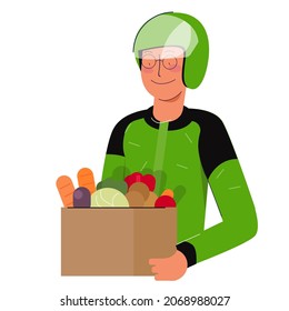 Delivery man send holding grocey box vegetables wearing mortorcycle helmet bring fresh order