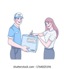 Delivery man send order to customer design of vector. Cartoon illustration.