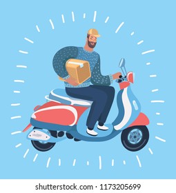 Delivery man send order with motorbike. Courier holding box in his hands and riding motorcycle. Happy Man bought moped. Vector cartoon illustration in modern concept