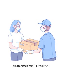 Delivery man send orders to customer girl design of vector.