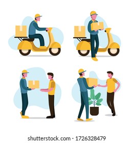 Delivery Man Send Package Box To Customer Flat Illustration In Turqoise Yellow Tone