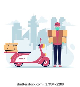Delivery man send package with a red scooter in the city. Flat design vector illustration