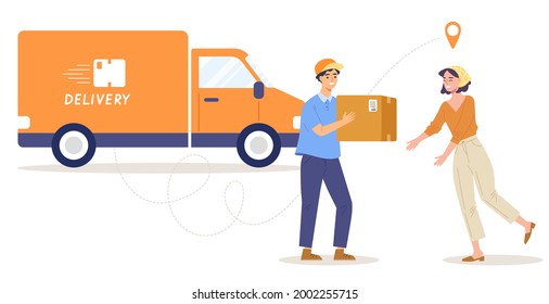 Delivery man is sending parcel to customer at points. Concept online shopping, shipping, delivery and courier service, fast delivery from shop to home. Flat vector illustration character.