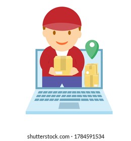 Lieferant Mann, der Pakete aus dem Computerbildschirm-Vektor sendet.