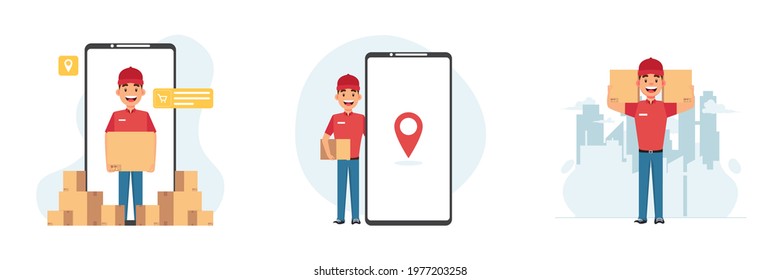 Delivery Man. Service Boy, Courier Package. Male Character In Mobile Phone. Employee Holding Box. Postal Guys Vector Set