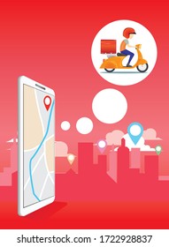 delivery man service by scooter in background vector, mobile application