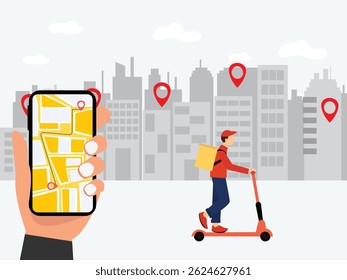 Delivery man service Courier riding a electric scooter with location tracking app on big smartphone vector  illustration