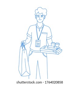 Delivery man service design of vector. Cartoon character illustration.