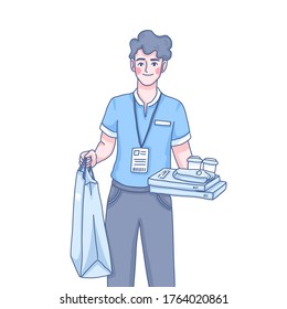 Delivery man service design of vector. Cartoon character illustration.
