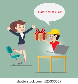 Delivery man service send thing or gift to businesswoman at office and home  for happy new year,surprise and important day.