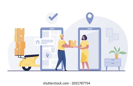 Delivery man shipment package boxes to receiver to home. Door to door delivery. Delivery service concept.  motorcycle delivering order to customer door. woman getting parcel. vector illustration.