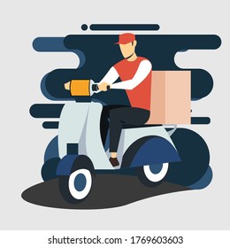 Delivery man shipping a package with motorcycle flat illustration