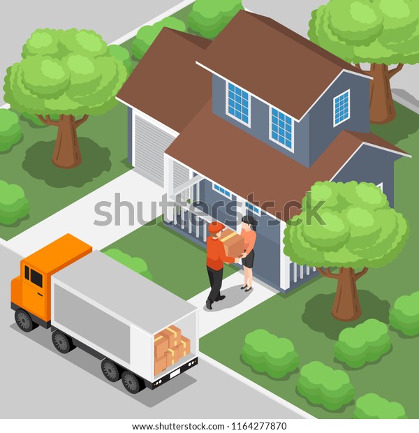 Delivery man\
shipping the products box to customer at the home. Fast shipping\
and  home delivery service\
concept.