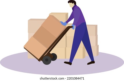 delivery man shipping vector illustration, Delivery Man Pushing Hand Truck Trolley Full Package Of Cardboard Box Hands to Customer. Courier Delivering Packages