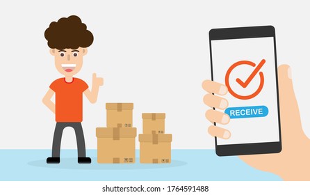 Delivery man. Shopping online. Receive confirm. Box icon. Digital marketing. Business concept. Transportations concept. Hand holding Smartphone.